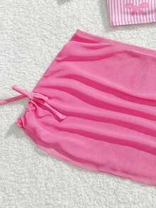 小女孩可爱粉色条纹蝴蝶结针织比基尼套装，荷叶边装饰，时尚分体式泳衣带裙摆，适合游泳、海滩、泳池、夏季假期。 - 粉色 - 查看 6