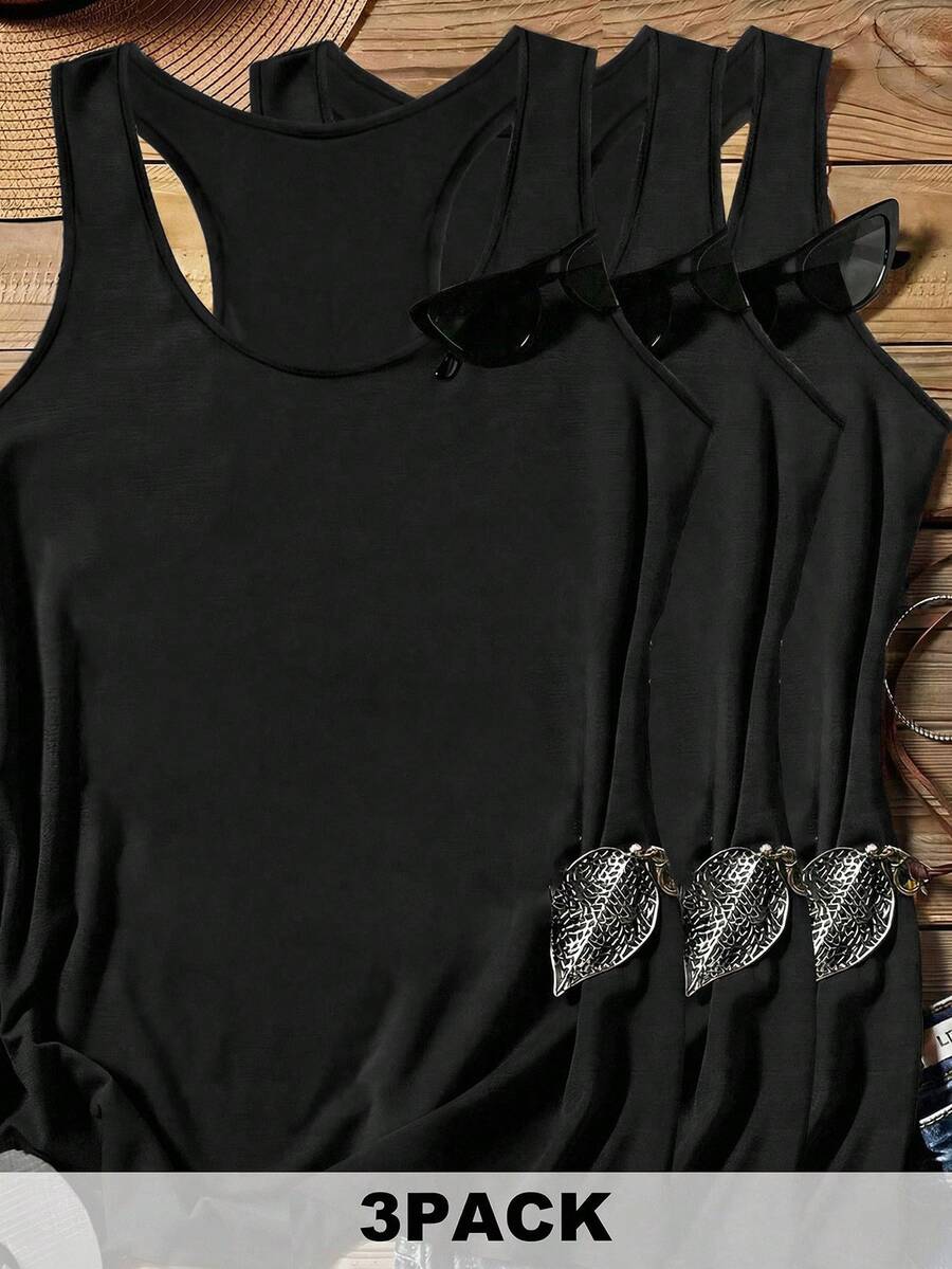 SHEIN LUNE 3pcs/Set Plus Size Casual Solid Color Sleeveless Tops, Suitable For Summer - Black - View 1