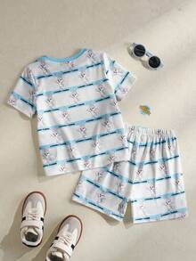 LOONEY TUNES X SHEIN Young Boys Crew Neck Short Sleeve Cute Print Pajama Set, Summer - Blue and White - View 3