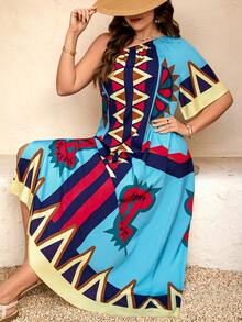 Breezaya Đầm dài dáng rộng in họa tiết hình học, xẻ tà bất đối xứng, cỡ lớn dành cho nữ, thích hợp cho kỳ nghỉ xuân/hè và các hoạt động ngoài trời trên bãi biển. - Nhiều màu - Xem 6