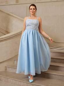 VOLUPTÉ CURVE Plus Size Summer Sky Blue Lace Cinched Waist Patchwork Spaghetti Strap Top Fairy Elegant Long Dress For Engagement Partys, Parties, Prom, Graduation - Blue - View 9