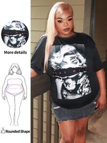 Enliva Camiseta holgada de manga corta con cuello redondo y estampado gráfico de letras casuales para mujeres de talla grande, adecuada para el verano y salir, para silueta de manzana y redondeada - Negro - Ver 1