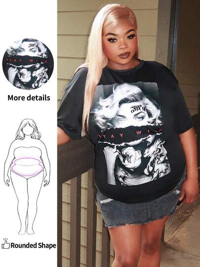 Enliva 休闲印花字母图案圆领短袖宽松女式大码T恤，适合夏季、外出穿着，适合苹果型及圆润身材