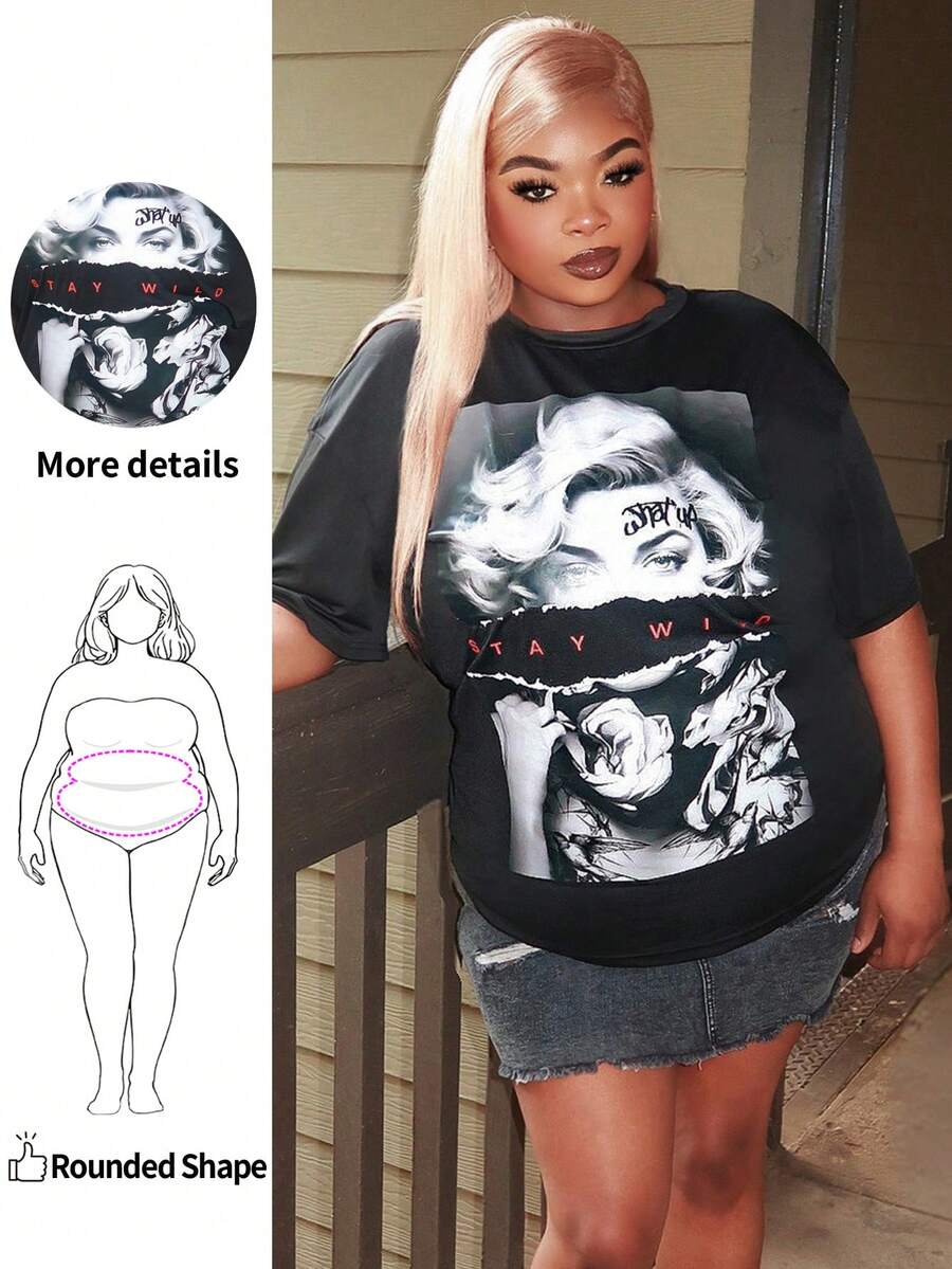 Enliva Camiseta holgada de manga corta con cuello redondo y estampado gráfico de letras casuales para mujeres de talla grande, adecuada para el verano y salir, para silueta de manzana y redondeada - Negro - Ver 1