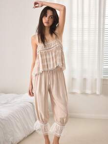 Ocili Leisure Soft Bohemian Loose Drawstring Pants, Comfortable & Relaxed Minimalist Chic Autumn Women Pajama Set - White - View 1