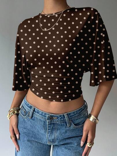 Aloruh Women's Vintage Brown Polka Dot Print Round Neck Batwing Sleeve Ruched Design Cropped Fashionable Top, Brown Polka Dot Blouse, Summer T-Shirt, Casual Wear