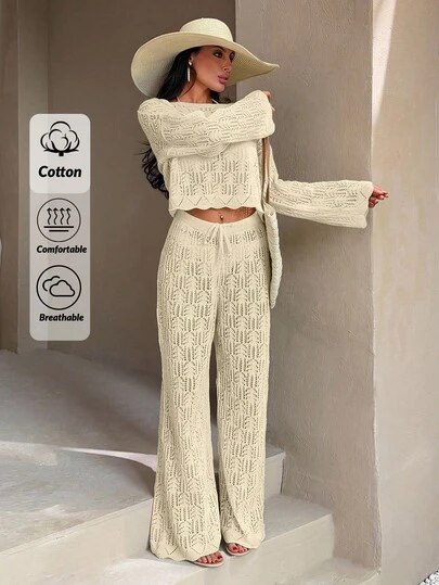 EURMUSE Ivory Open-Knit Two-Piece Set With Flared Pants And Long-Sleeve Top, Featuring A Lightweight And Breathable Fabric For Boho-Chic Styles Women For Summer Hollow Out Linen