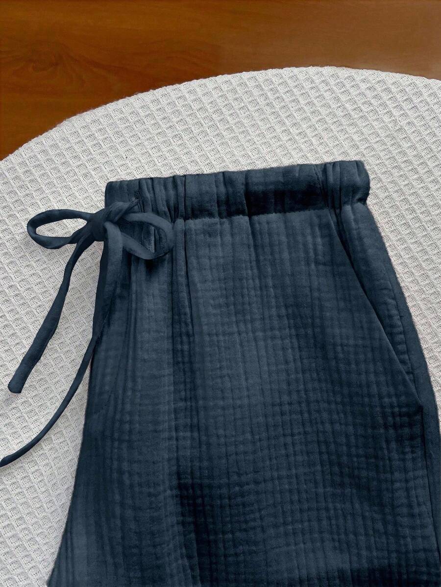 Elamini Pantalones casuales de verano para mujer de color blanco sólido, con cintura con cordón, bolsillos, de algodón puro, estilo cómodo y relajado, pantalones versátiles - Azul Marino - Ver 1