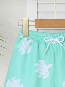 SHEIN Toddler Boys' Green Sea Turtle Pattern Cute Beach Swim Trunks - Multicolor - View 5