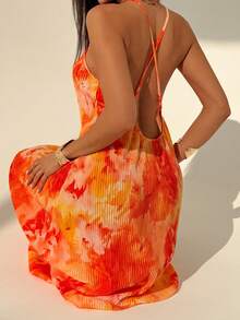 Aloruh 新款春夏露背吊带褶皱印花连衣裙，优雅性感度假风，适合婚礼宾客、海滩度假等场合，橙色印花连衣裙，黄色印花连衣裙，女士夏季连衣裙，女士夏季沙滩连衣裙，女士夏季穿搭 - 橘色 - 查看 7