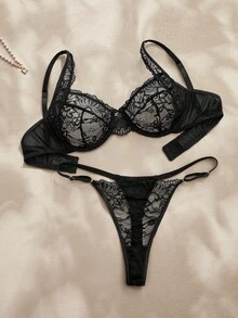 Charlaine Women's Sexy Lace Trim Underwire Bra With Pendant 2 Pieces Set - Black - View 8