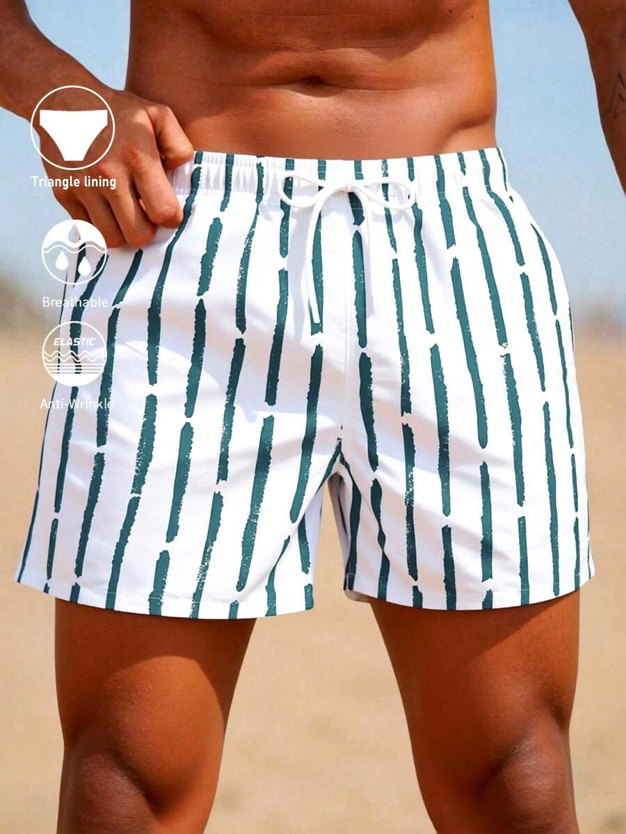 Solantero Men's Striped Olive Green Beach Shorts With Pockets Breathable Elastic Anti-Wrinkle Triangle Lining Summer Swim Trunks - Olive Green - View 1