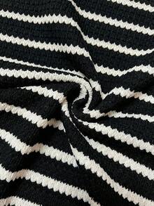 SHEIN 两件套孕妇条纹上衣和可调节腰围阔腿裤休闲日常穿搭 - 黑色 - 查看 7