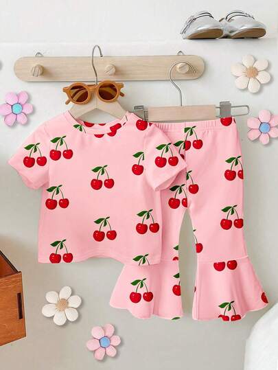 Elladie kids 1 Set Young Girls Cute Cherry Fruit Print Short Sleeve Round Neck T-Shirt And Flare Pants Outfit, Suitable For Summer Outings