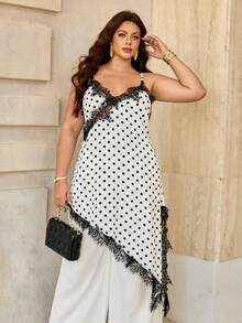Roveilla Plus Size Women's Lace Patchwork Sheer Satin Camisole Top,Elegant Black And White Polka Dot Asymmetrical Spaghetti Strap Top,Summer Date Night Set - Black and White - View 7