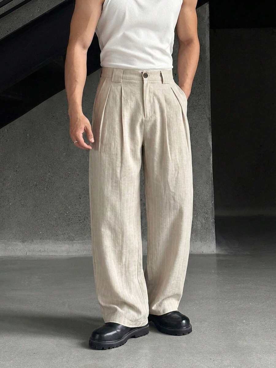 NEON BLANC Plus Size Men's Grey Vertical Striped Woven Wide Leg Pants - Beige - View 1