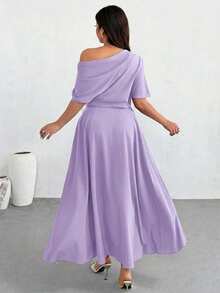 Firerie Plus Size Solid Color Asymmetrical Shoulder Short Sleeve Long Casual Elegant Summer Dress - Purple - View 2