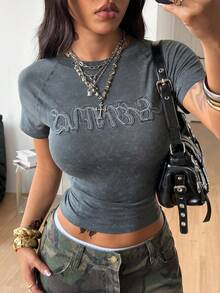 Coolane 女童复古日常穿搭印花水洗做旧露脐上衣 - 灰色 - 查看 4