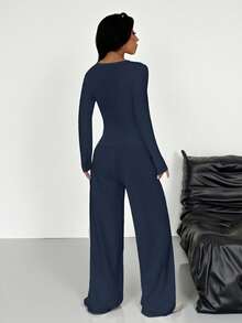 SHEIN EZwear Bộ áo thun dài tay cài nút họa tiết cưỡi ngựa màu xanh navy và quần dài thường ngày dành cho nữ, mặc hàng ngày - Màu xanh hải quân - Xem 2