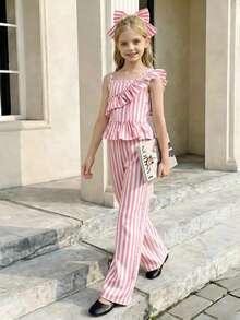 SHEIN Tween Girls Striped Cap Sleeve Casual Tank Top Set, Summer - Pink - View 7