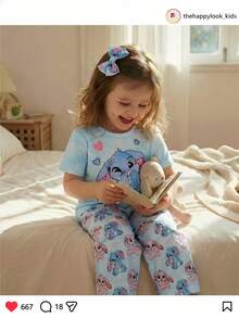 THE HAPPY LOOK Set de 2 piezas con parte superior de manga corta de cuello redondo suave y estampado de animales de dibujos animados, y pantalones de cintura elástica para niña joven - Multicolor - Ver 3