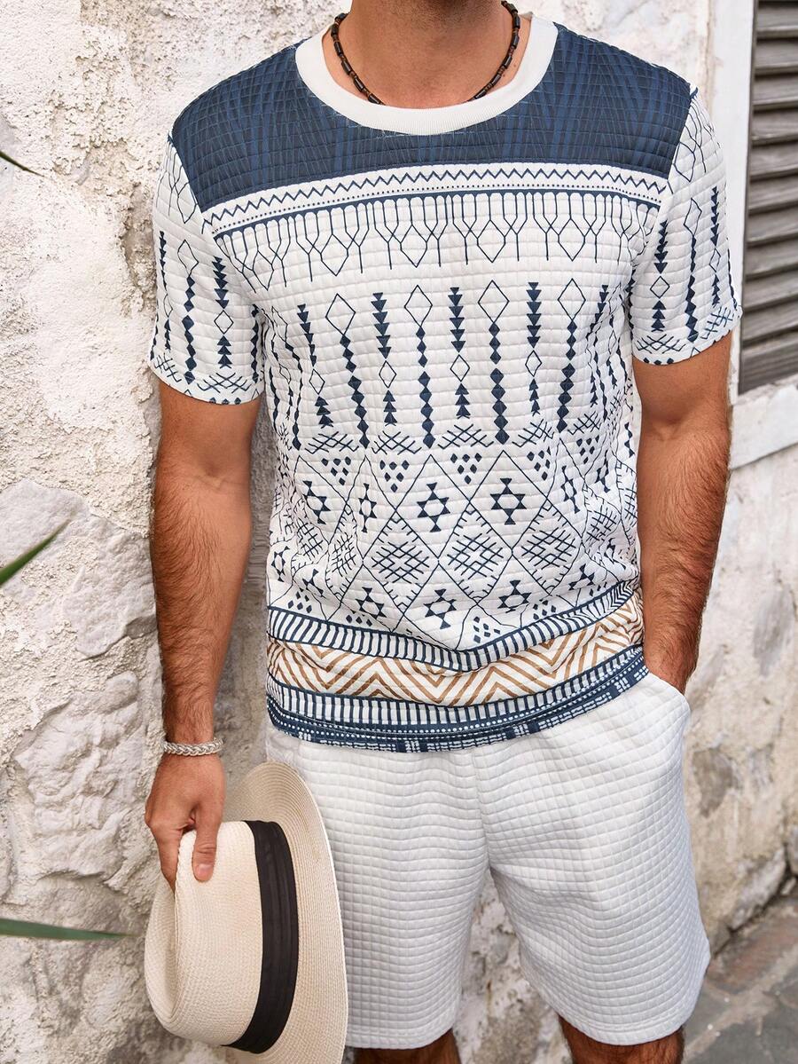 VENTUSAIL 春季新款男士户外休闲运动套装，短袖上衣和短裤两件套。面料柔软舒适，可机洗。适合健身、户外活动和日常休闲穿着。是送给男士的绝佳生日礼物。 - 米色 - 查看 1