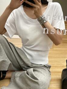 DAZY Áo thun nữ tay ngắn, màu trơn, dáng ôm, mỏng nhẹ, thích hợp mặc mùa hè. - trắng - Xem 6
