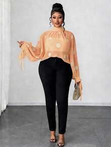 Maweii Plus Size Elegant Sheer Polka Dot Mock Neck Loose Cuffed Bow Tie Cuff Long Sleeve Blouse - Cream - View 4