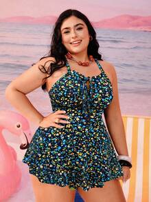 Swim Mod Plus Size Ditsy Floral Tankini Swimsuit Set, Adjustable Shoulder Strap, Suitable For Vacation, Beach, Pool - Multicolor - View 4