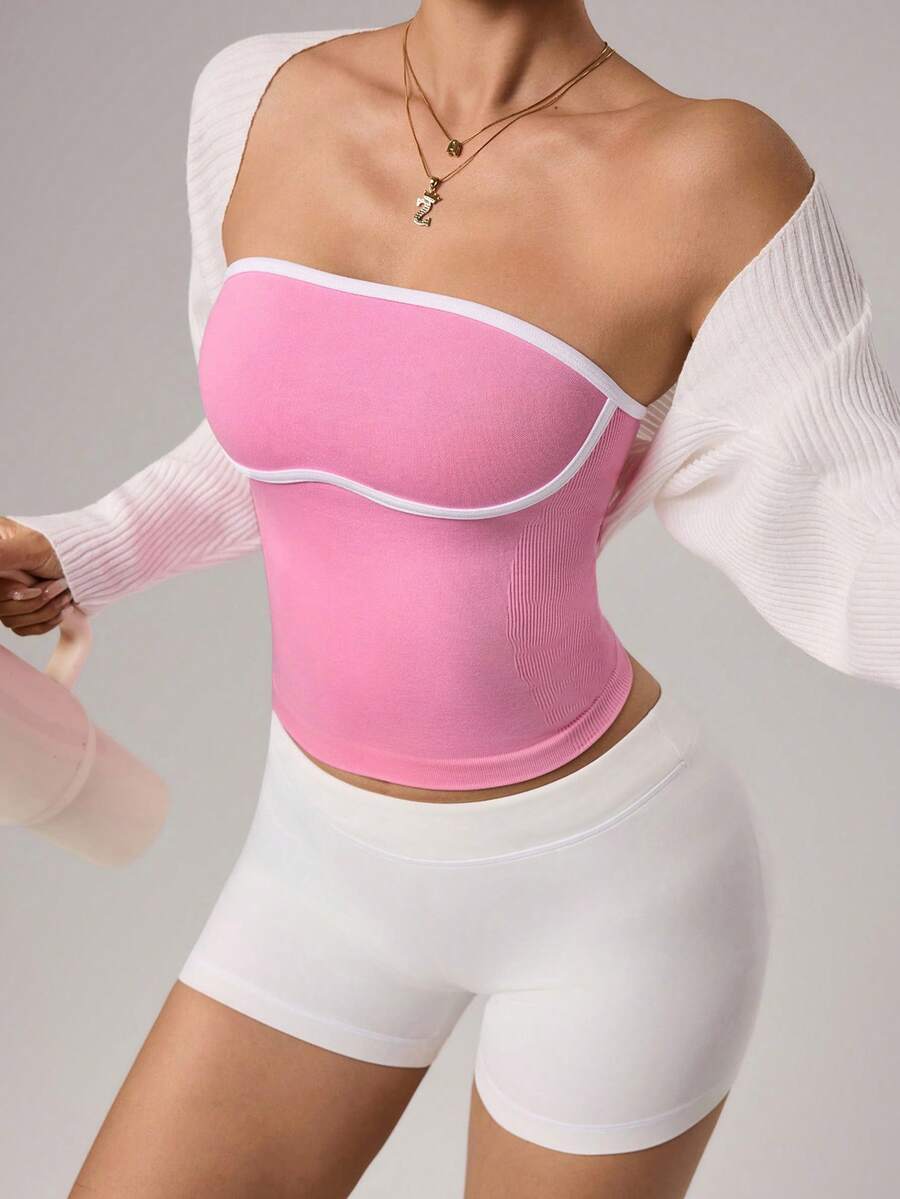 Dewbera Women's Hem Everyday Fitness Sports Bra Top Ribbed Tops For Women Women's Tops Women's Tops For Summer Pink Tube Top Sleeveless Tops For Women Crop Tops For Women Gym Outfit For Women Top Workout Clothes For Women Body Suit Tummy Control Pink Shapewear Arm Shapewear Tummy Control Body Suits Inner Wear For Women - Pink - View 1