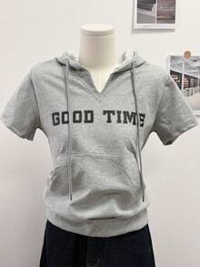 DAZY Women's Hooded V-Neck Letter Design Casual Street Style Sweatshirt, Spring & Summer - Grey - View 3