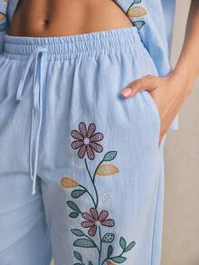 Poéselle Women's 100% Cotton Floral Wide-Leg Pants,Light Blue Boho Elastic-Waist Lounge Trousers Embroidered Palazzo Summer Beach Vacation Holiday Autumn - Blue - View 4