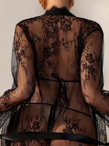 SHEIN See-Through Lace Front-Tie Sexy Lingerie Set For Going Out - Black - View 2