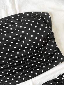 SHEIN Conjunto de top tubo con volantes y shorts con estampado de lunares para niña preadolescente - Negro - Ver 3