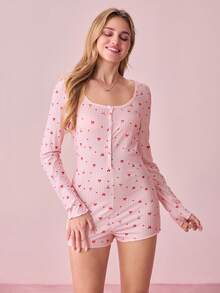 Bonmuse 女士半拉链蝴蝶结爱心印花可爱罗纹针织连体衣，休闲舒适长袖，冬季 - 粉色 - 查看 4