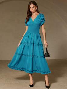 Aveloria Rosie Vestido elegante y romántico para mujer con volantes, mangas cortas, hombros caídos, cintura fruncida, falda acampanada y bajo con volantes, versátil para vacaciones - Azul - Ver 3