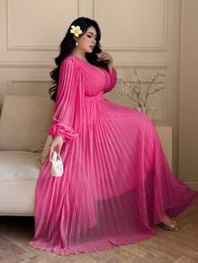 Flirla 法式优雅公主风褶皱荷叶袖A字度假婚礼伴娘礼服，纯黄色，大码 - 玫紅色 - 查看 3