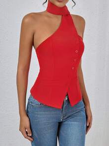 INAWLY Women's Simple Solid Color Halter Front Button Top, Summer - Red - View 4