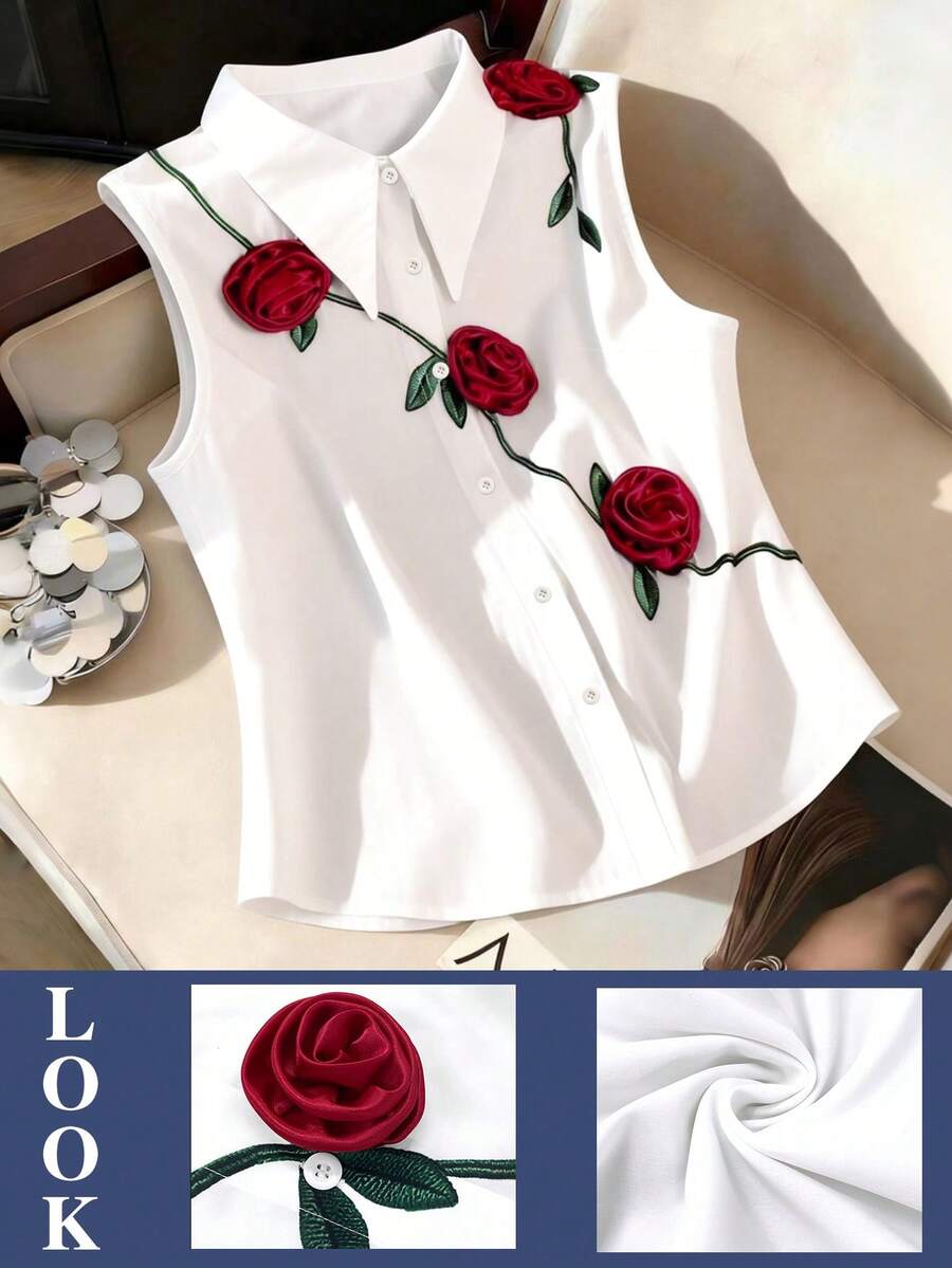 GlowEve CURVE Plus Size Shirt With Faux Embroidery Floral Print, Fashionable And Elegant - White - View 1