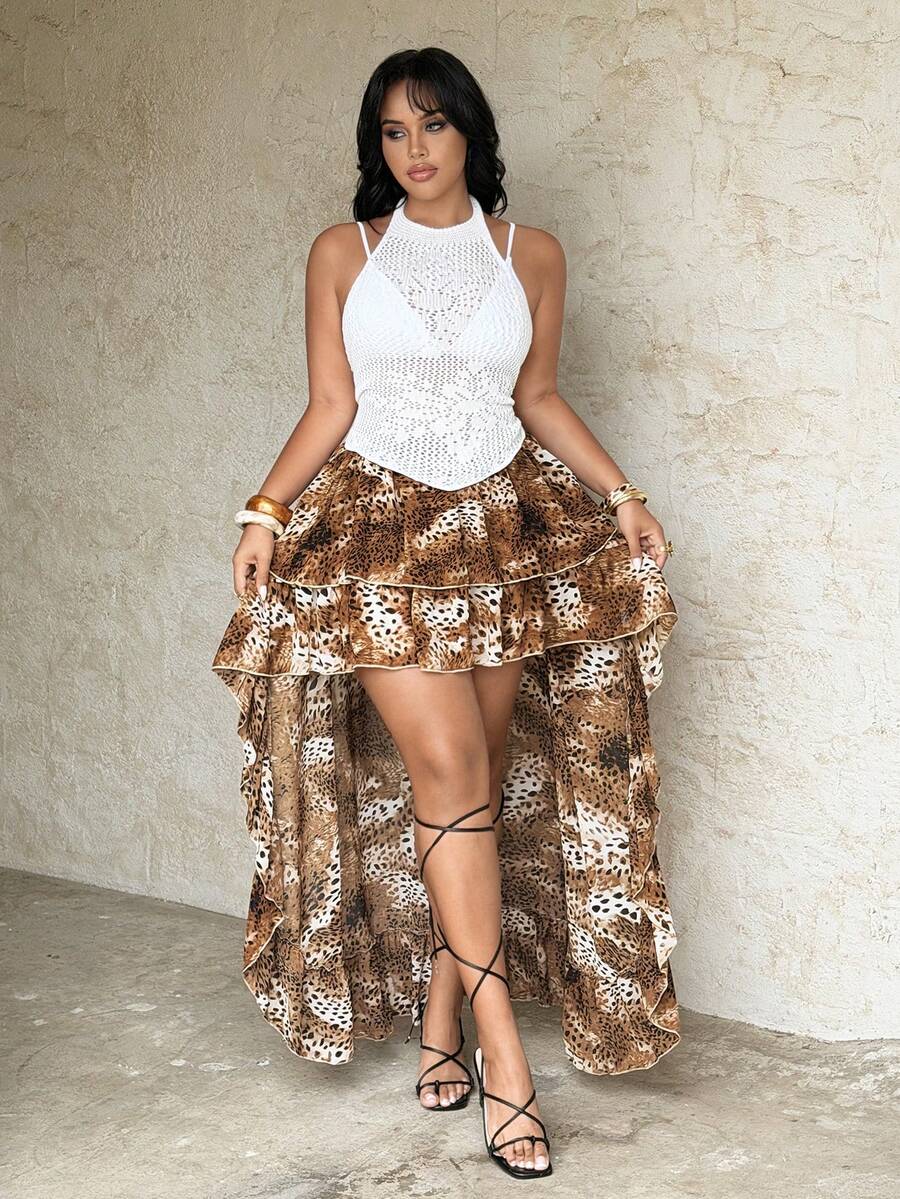 Rustia 雪纺豹纹不对称下摆迷你裙，性感外出上衣，适合春季、夏季、波西米亚风、西部风、度假、音乐节等场合 - 彩色 - 查看 1