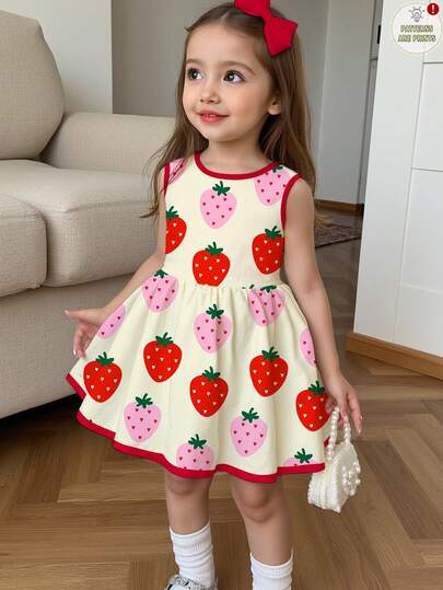 SHEIN 甜美夏日草莓印花连衣裙，度假风，红色拼接，少女休闲简约无袖中长连衣裙，适合夏季轻松舒适，休闲百搭，适合闺蜜旅行，营造度假氛围，充满童趣，适合度假儿童穿着，少女日常时尚
