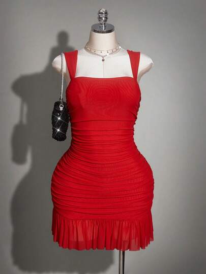 SHEIN ICON Vestido rojo de malla para mujer de talla grande