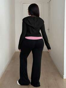 Maweii 大码女式性感连帽长袖抽绳卫衣和喇叭裤两件套休闲家居服套装，红黑配色 - 黑色 - 查看 2