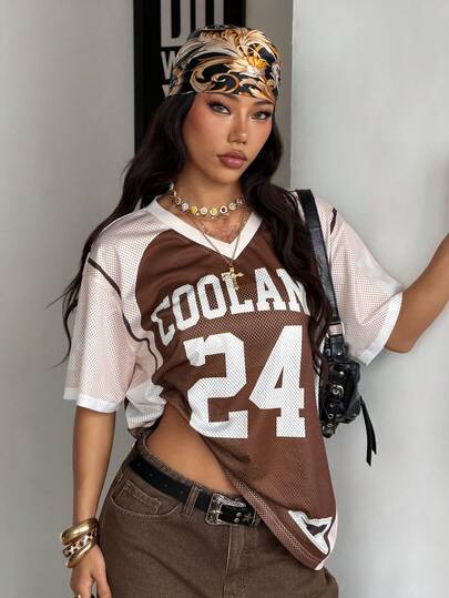 Coolane Women's Spring And Summer Festival Vintage Streetwear Sportswear Camouflage Number Printed Baseball Jersey T-Shirt