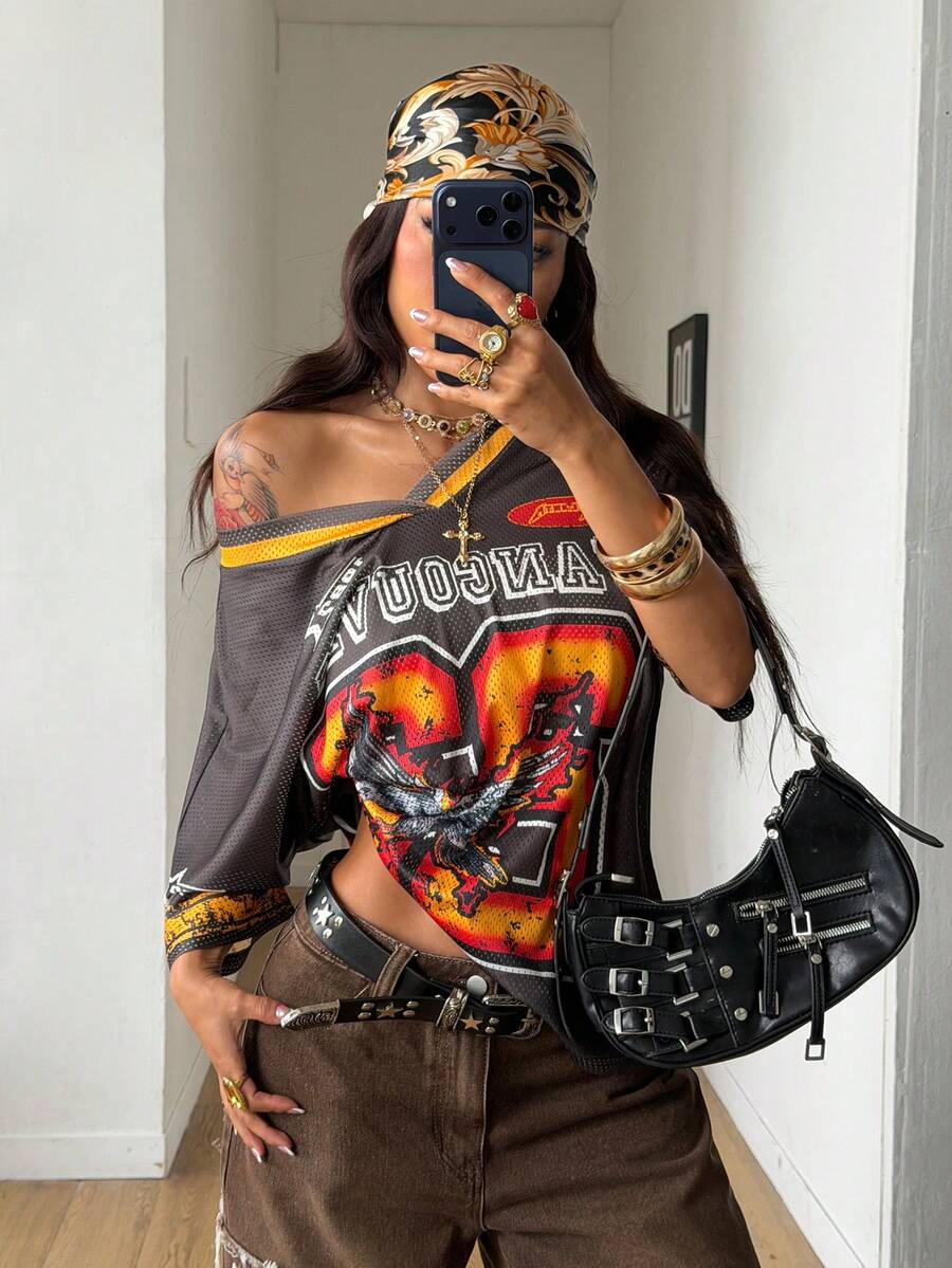 Coolane Camiseta de fútbol de malla transpirable con gráficos y patrones numéricos vintage de estilo Y2K para mujer, para primavera y verano - Multicolor - Ver 1