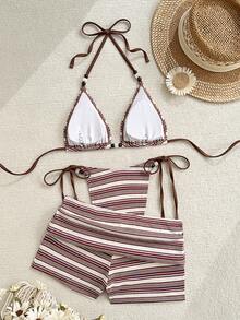 Swim Vcay Nuevo conjunto de traje de baño de 3 piezas de primavera/verano con top triangular de corte alto con lazos laterales y shorts fruncidos en estilo de rayas texturizadas de resort náutico para mujeres - Multicolor - Ver 5
