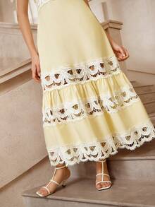 VOLUPTÉ CURVE 大码春夏连衣裙，复古花卉蕾丝拼接荷叶边袖镂空长裙，适合度假、派对、约会、休闲穿着 - 黃色 - 查看 7