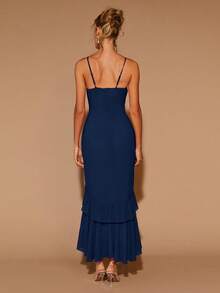 COSMINA Women's Elegant Ruffle Hem Long Sleeve Round Neck Dress, Suitable For Dates, Parties, All Seasons - Navy Blue - View 6