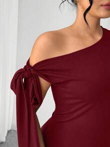Elenzga 大码纯色不对称肩部修身简约设计优雅夏日连衣裙 - 酒紅色 - 查看 6