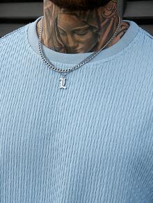 Manfinity CasualCool Men's Blue Textured Pleated Mature T-Shirt, Spring/Summer - Blue - View 5